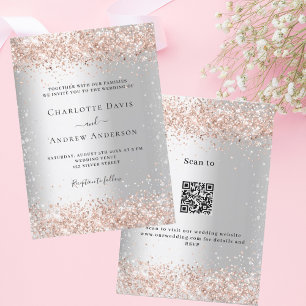 Silver rose gold QR code RSVP details wedding Invitation