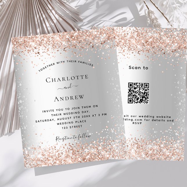 Silver rose gold QR RSVP budget wedding invitation (Creator Uploaded)