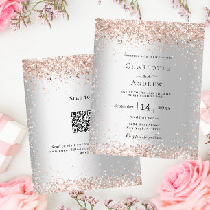 Silver rose gold QR RSVP budget wedding invitation