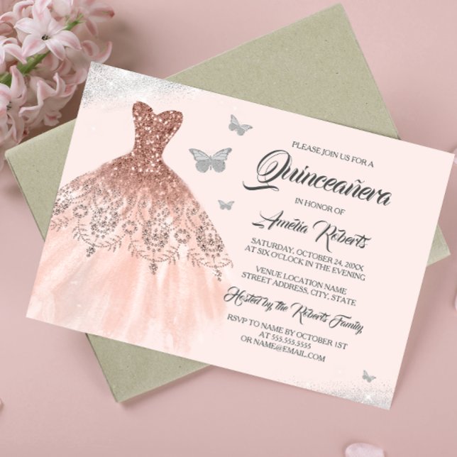 Silver Rose Gold Sparkle Dress Quinceanera Invitation (Creator Uploaded)