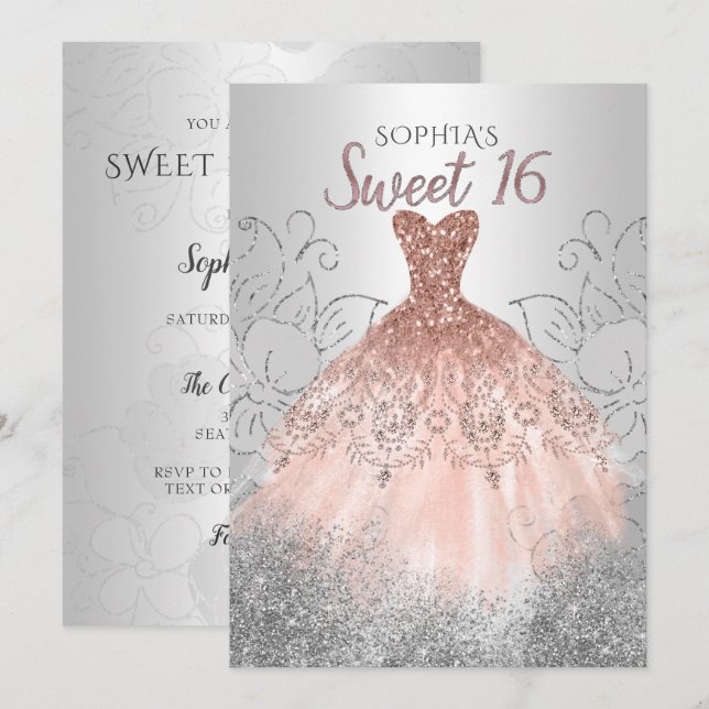 Silver Rose Gold Sparkle Dress Sweet 16 birthday Invitation (Front/Back)