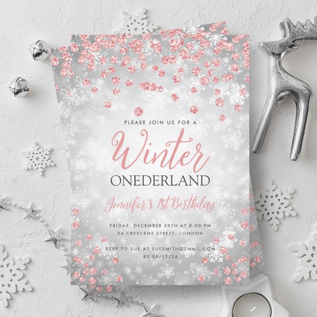 Silver Rose Gold Winter ONEDERLAND 1st Birthday Invitation (Silver Rose Gold Winter ONEDERLAND 1st Birthday Invitation)