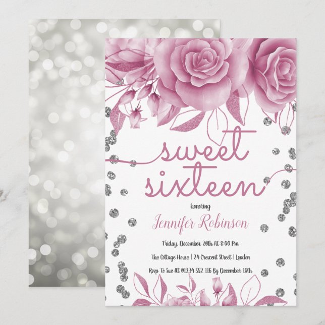 Silver Rose Pink Sweet 16 | Floral Glitter Lights Invitation (Front/Back)
