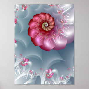 Silver Rose Spiral Fractal in Pink and Grey Poster