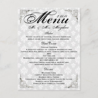 Silver Rose Wedding Dinner Menu Thank you Note Postcard