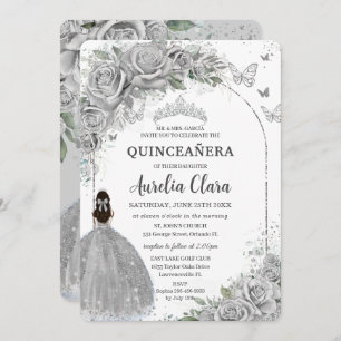 Silver Roses Floral Quinceanera Sweet 16 Birthday Invitation
