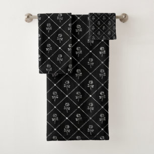 Silver Roses on Black Towel Set