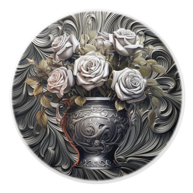 Silver Roses On Silver Ceramic Draw Pull (Front)