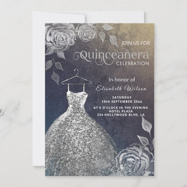 Silver roses trendy  sequins dress Quinceañera  Invitation (Front)