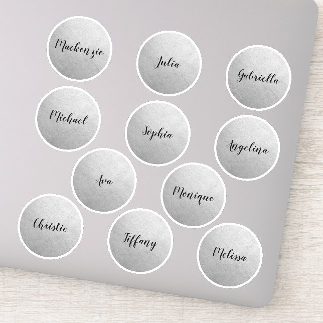 Silver Round Circle Individual Names Party Favour (Detail)