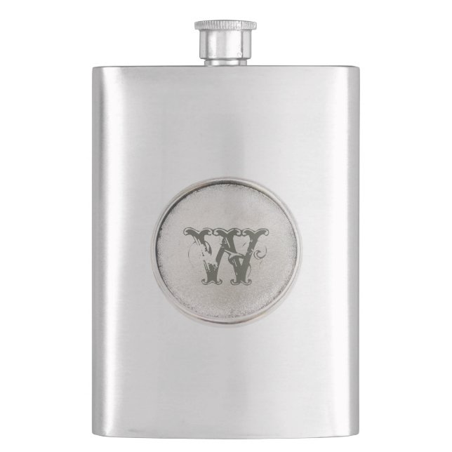 Silver Round with Monogram Rustic Western  Flask (Front)