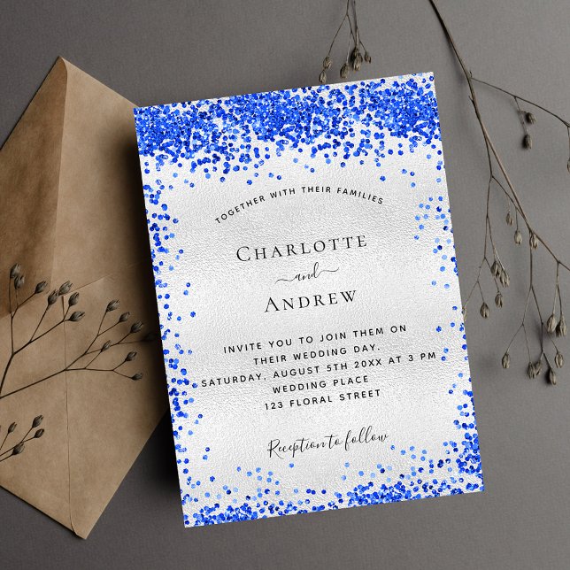 Silver royal blue confetti luxury wedding invitation (Creator Uploaded)