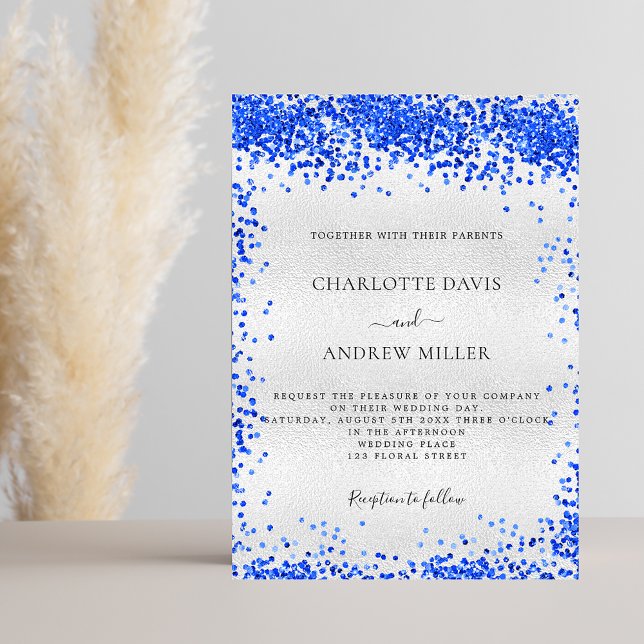 Silver royal blue confetti wedding invitation (Creator Uploaded)