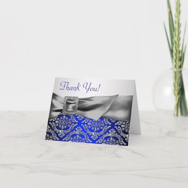 Silver Royal Blue Damask Thank You Card (Front)