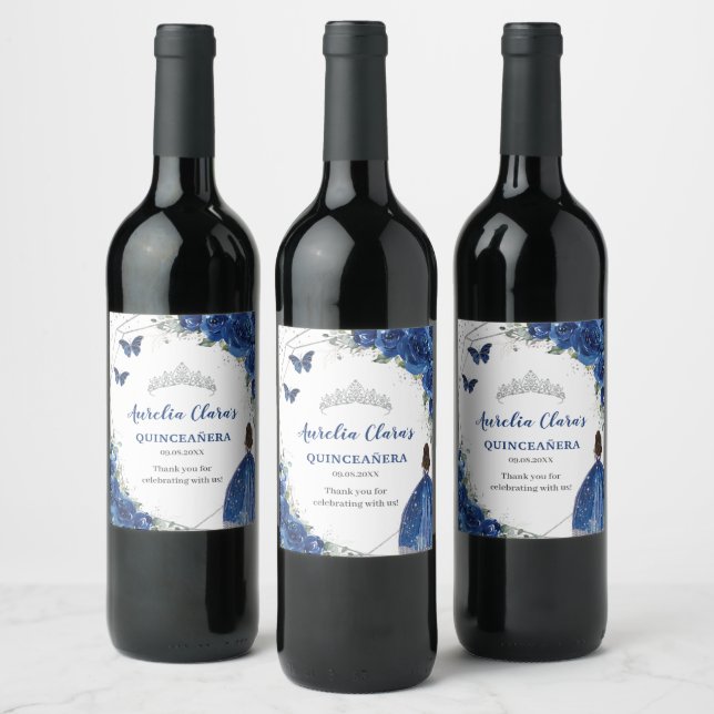 Silver Royal Blue Floral Quinceañera 16th Birthday Wine Label (Bottles)