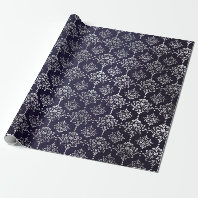 Silver Royal Blue Navy Gray Floral Damask Vip Wrapping Paper (Unrolled)