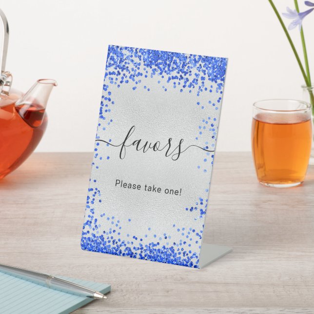 Silver royal blue party favours pedestal sign (In SItu)