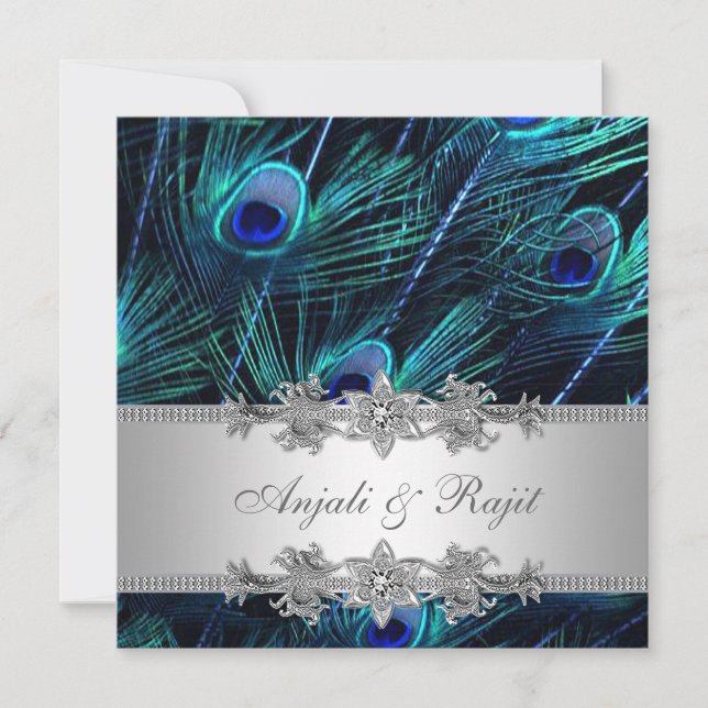 Silver Royal Blue Peacock Wedding Invitation (Front)