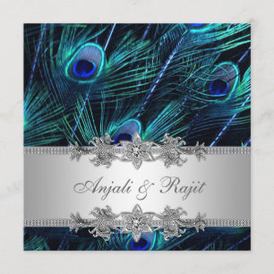 Silver Royal Blue Peacock Wedding Invitation