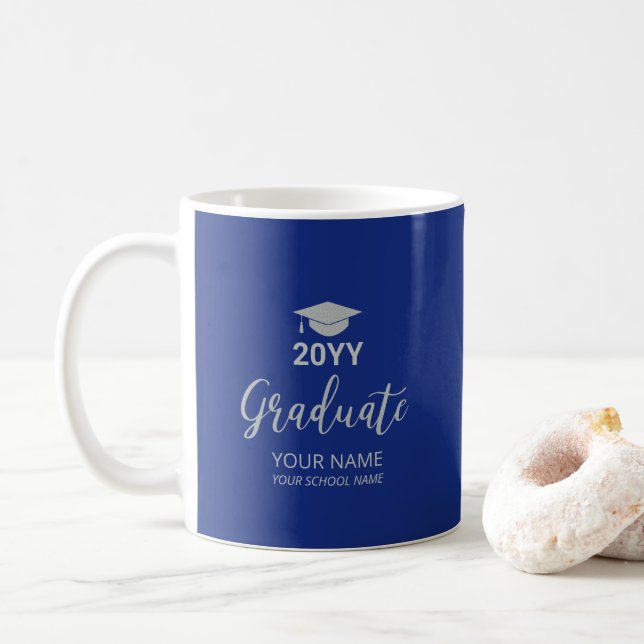 Silver & Royal Blue Personalised Graduation Gifts Coffee Mug (With Donut)
