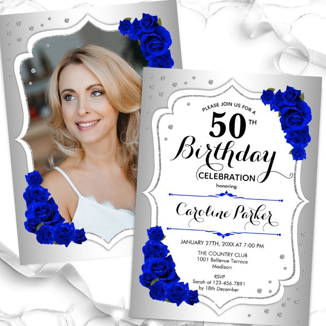 Silver Royal Blue Photo Elegant 50th Birthday Invitation (Creator Uploaded)