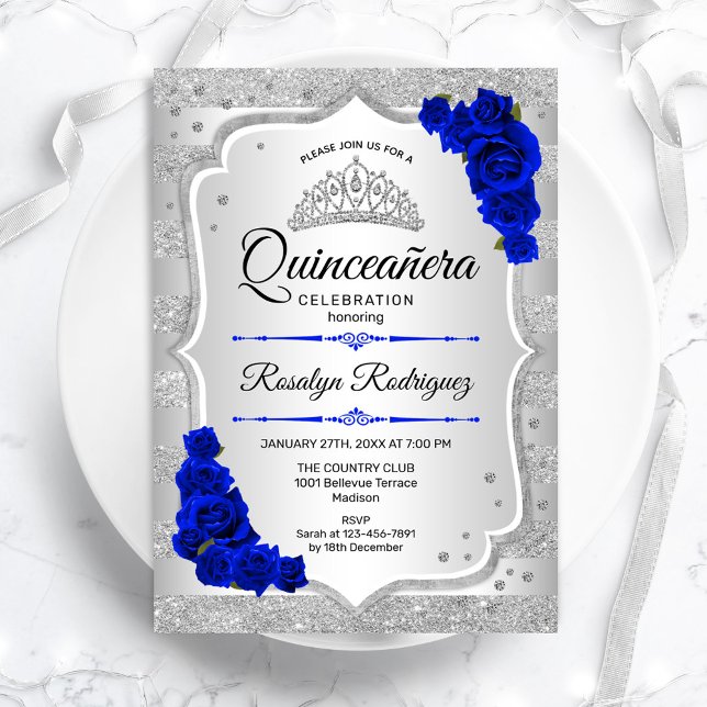 Silver Royal Blue Quinceanera Invitation (Creator Uploaded)