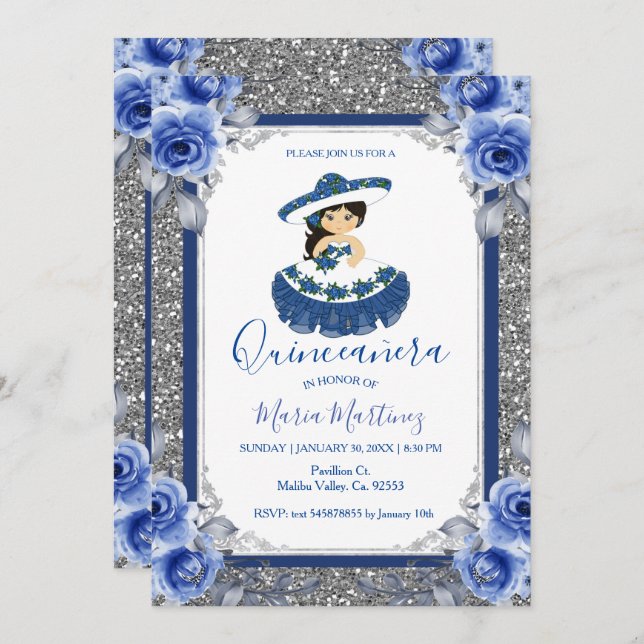  Silver Royal Blue Roses Quinceanera  Invitation (Front/Back)