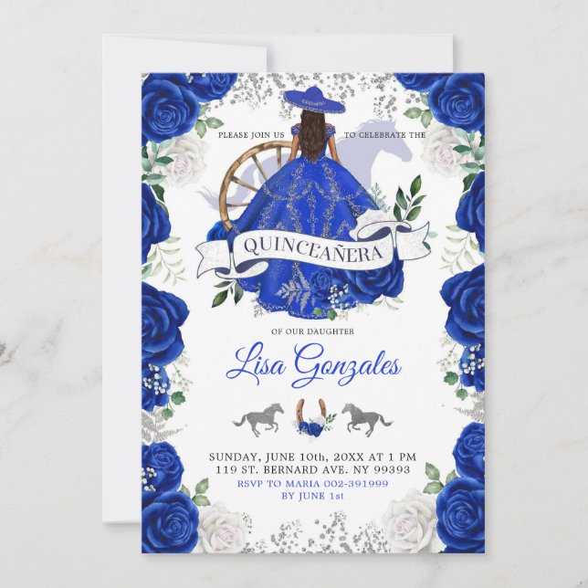 Silver Royal Blue Roses Western Charra Quinceañera Invitation (Front)
