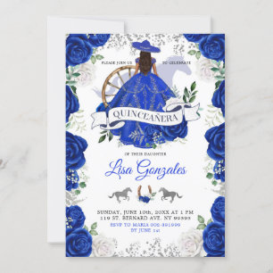 Silver Royal Blue Roses Western Charra Quinceañera Invitation