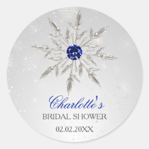 Silver Royal Blue snowflakes bridal shower Classic Round Sticker