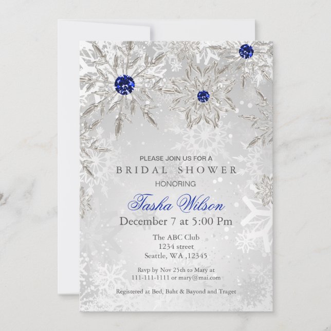 Silver Royal Blue Snowflakes Winter Bridal Shower  Invitation (Front)
