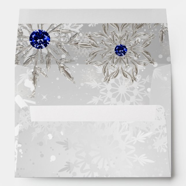 Silver Royal Blue snowflakes Winter Wedding Envelope (Back (Bottom))