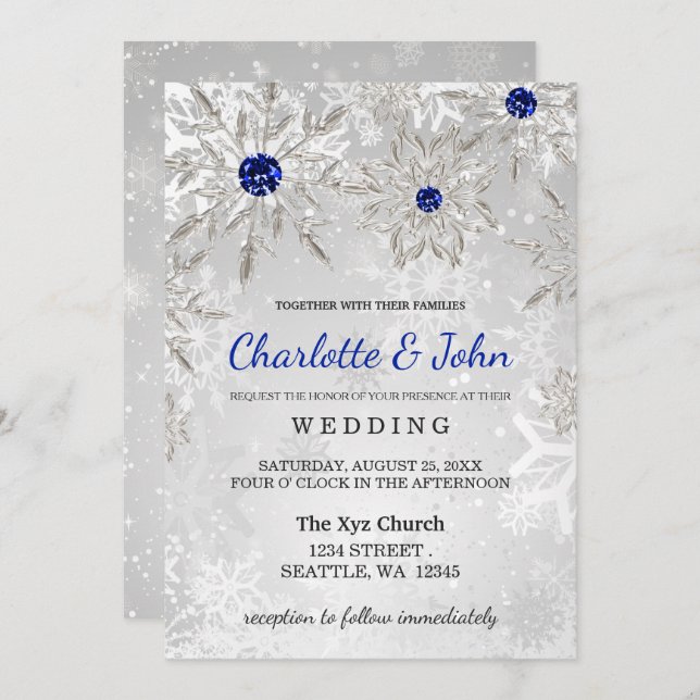 Silver Royal Blue snowflakes Winter Wedding Invitation (Front/Back)