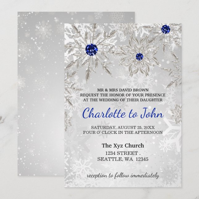 silver royal blue snowflakes winter wedding  invitation (Front/Back)