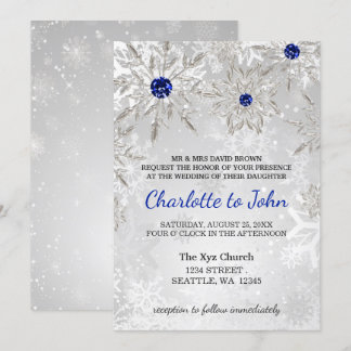 silver royal blue snowflakes winter wedding invitation