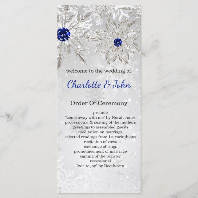 silver royal blue snowflakes winter wedding  programme (Front)