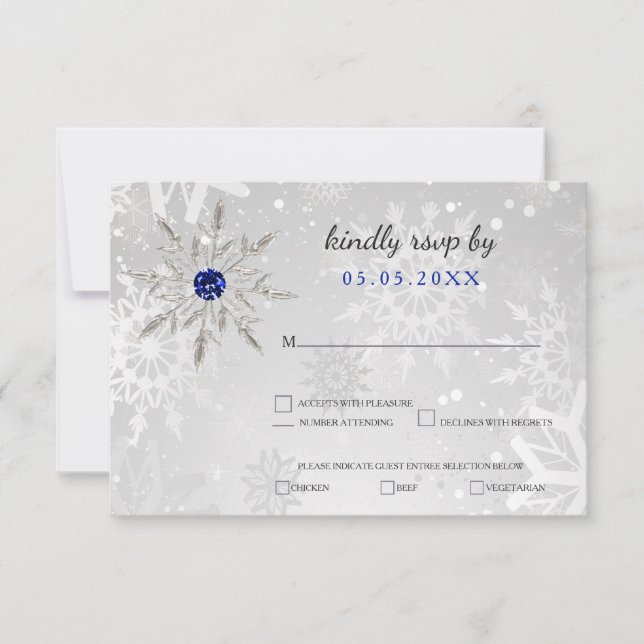 silver Royal Blue snowflakes winter wedding rsvp (Front)