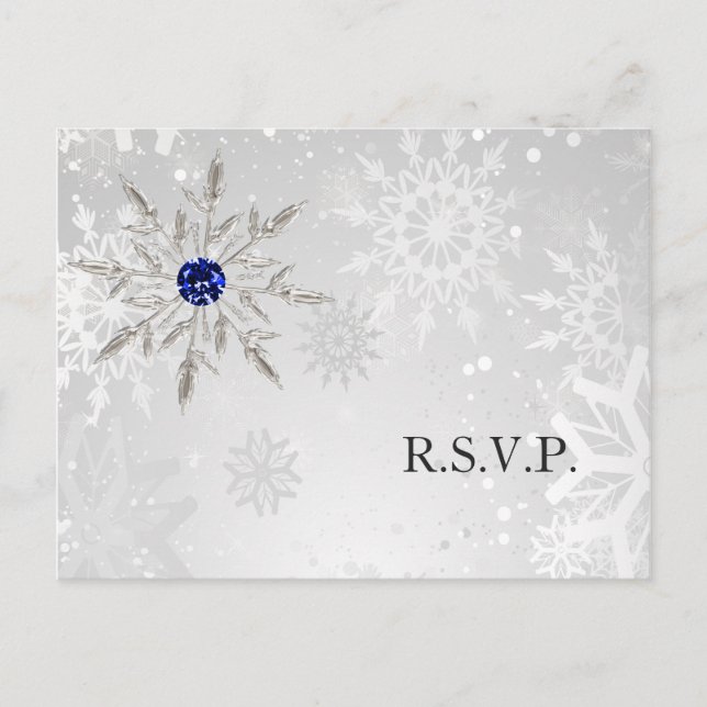 Silver Royal Blue Snowflakes Winter Wedding rsvp  Invitation Postcard (Front)