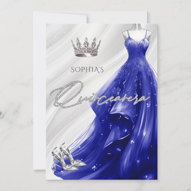 Silver Royal Blue Sparkle Dress Quinceañera  Invitation (Front)