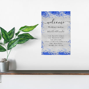 Silver royal blue wedding program timeline poster