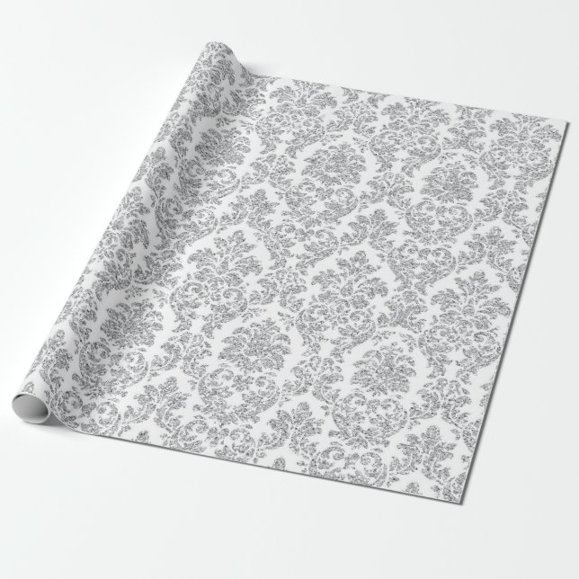Silver Royal Floral Damask White Gray Vip Wrapping Paper (Unrolled)