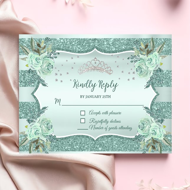 Silver Royal Green Quinceanera Birthday RSVP Card (Creator Uploaded)