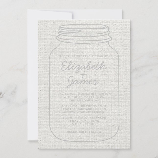 Silver Rustic Burlap Mason Jar Wedding Invitations (Front)