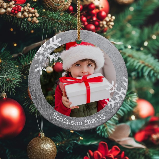 Silver Rustic Circle Photo Snowflakes Ceramic Tree Decoration (Rustic snowflake family holiday keepsake photo ornament perfect for gifts to bring joy to others.)
