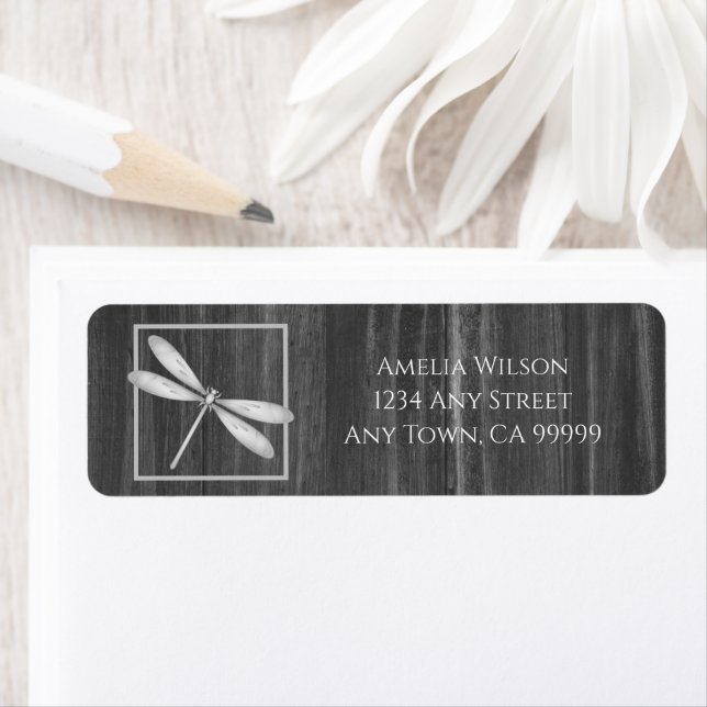 Silver Rustic Dragonfly Return Address Label (Insitu)