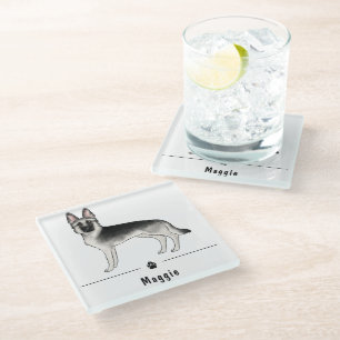 Silver Sable German Shepherd And Paw Custom Name Glass Coaster