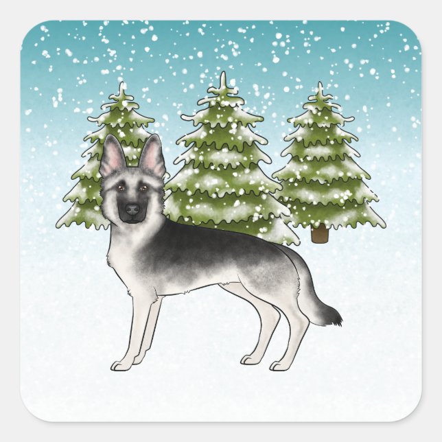 Silver Sable German Shepherd Blue Winter Forest Square Sticker (Front)