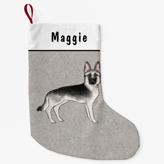 Silver Sable German Shepherd Cartoon Dog And Name Small Christmas Stocking (Front)