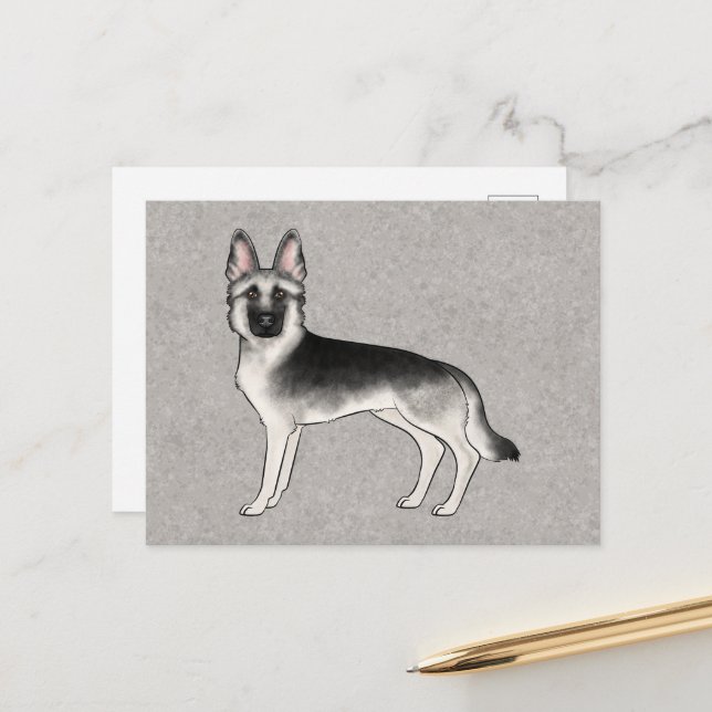Silver Sable German Shepherd Cartoon GSD Dog Grey Postcard (Front/Back In Situ)
