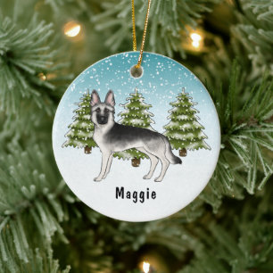 Silver Sable German Shepherd Dog In Winter Forest Ceramic Tree Decoration